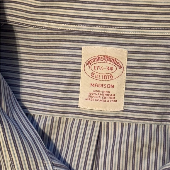 Brooks Brothers Men's Shirt 17.5 17 1/2 34 Long Sleeve Purple Striped Madison - Picture 8 of 16
